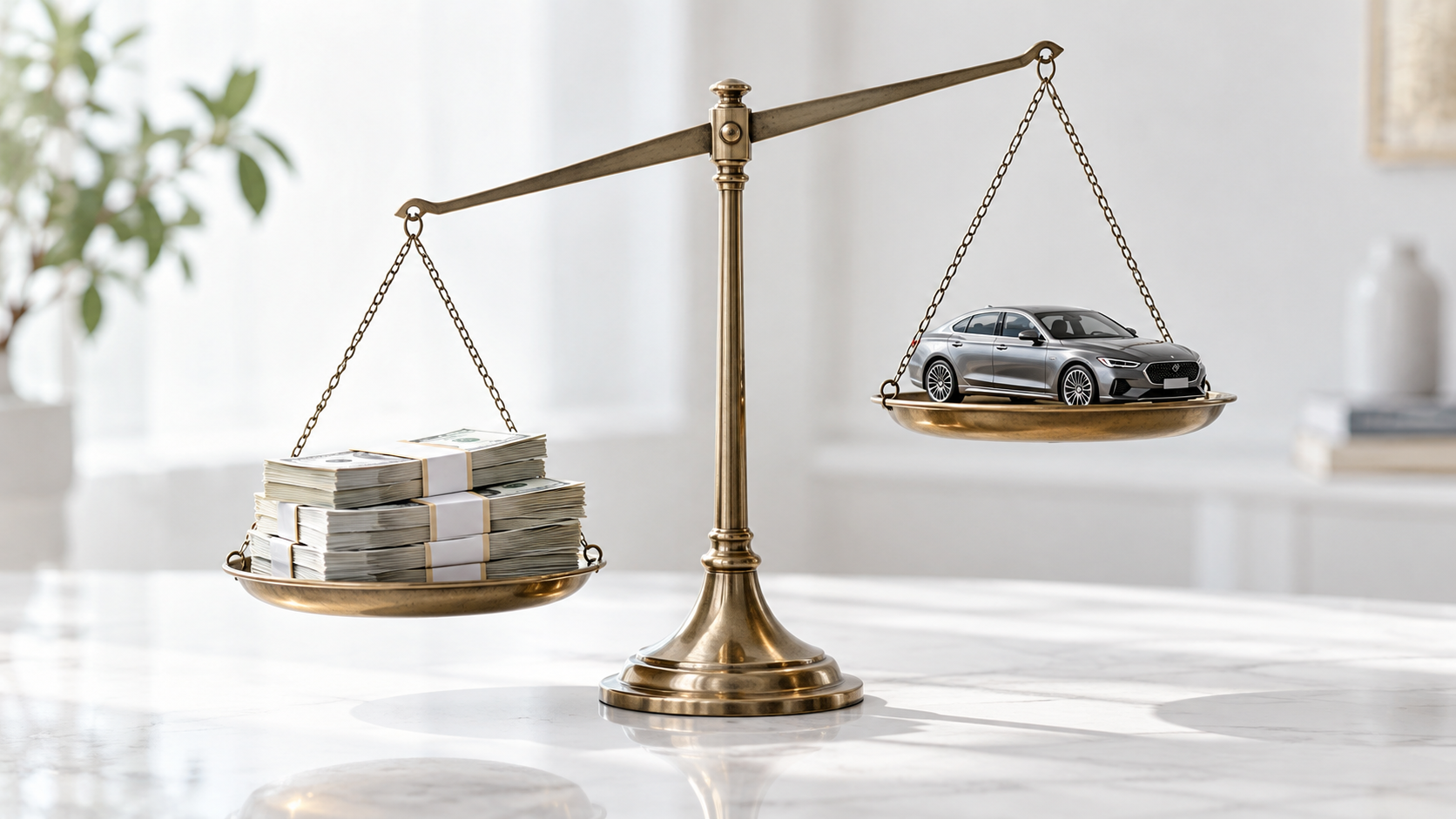 現金と高級車の価値を天秤で比べるイメージ